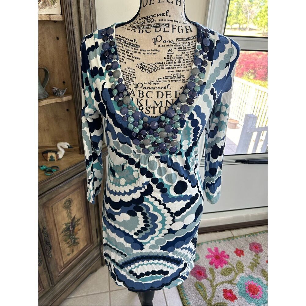 Boden Dress Beaded Neckline Geometric Print
